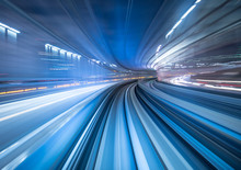 Motion Blur Of Train Moving Inside Tunnel In Tokyo, Japan