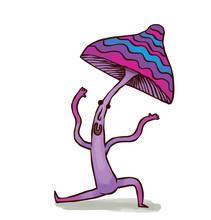 Vector Party Mushroom, Purple. Cartoon Image Of Funny Purple Party Mushroom In Pink-blue Stripes Hat Dancing On A White Background.