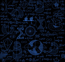 Mathematical vector seamless pattern with figures, formulas and plots, different colors