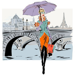 Wall Mural - Fashion models in sketch style fall winter with Paris city background