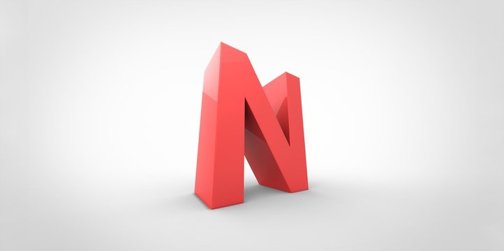 N 3D font big red letter standing on white gray background