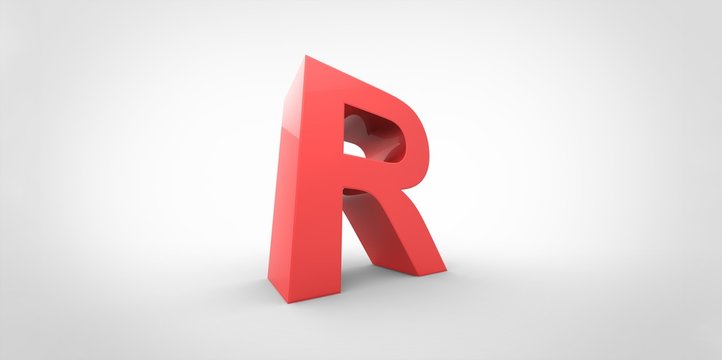 R 3D font big red letter standing on white gray background