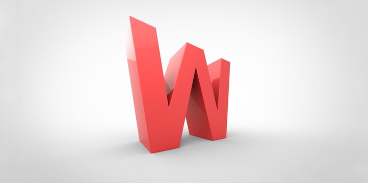 W 3D font big red letter standing on white gray background