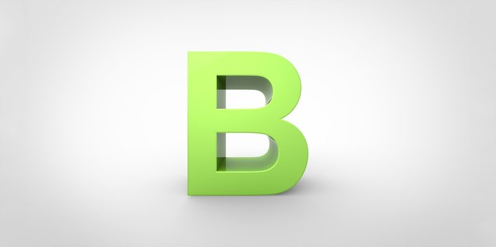B 3D font big neon green letter standing on white gray background