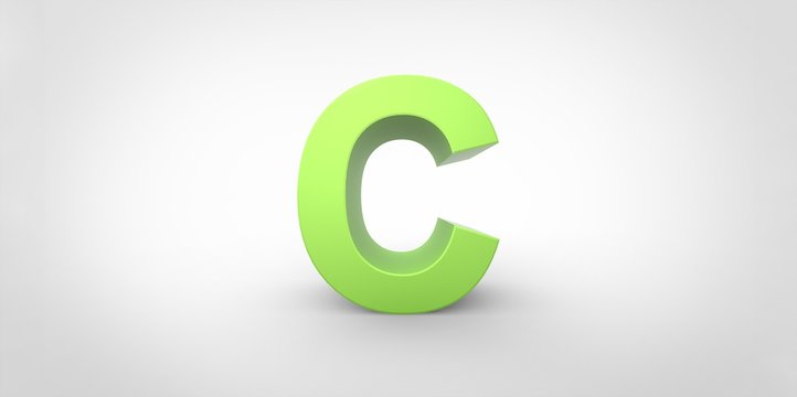 C 3D font big neon green letter standing on white gray background