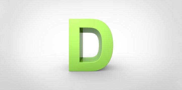 D 3D font big neon green letter standing on white gray background
