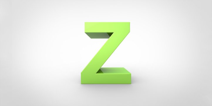 Z 3D font big neon green letter standing on white gray background