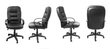 Different Views Of Black Office Leather Chair Isolated On White Background