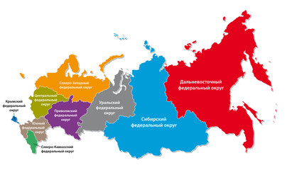 Wall Mural - russia colorful federal district map in Russian language