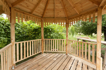 Inside of wooden gazebo under construction