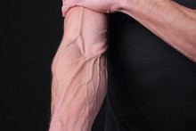 Bodybuilders Hand With Veins. Power, Strong Muscular Athletic Man, Perfect Body, Hard Work, Male Fitness Motivation