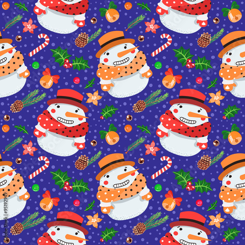 Materiał do szycia Weihnachten nahtlose Vektormuster mit Schneemänner (auf dunkelblauem Hintergrund)