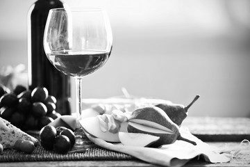 Canvas Print - Still life with various types of Italian food and wine,  black and white retro stylization