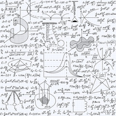 Wall Mural - Physical vector seamless pattern with the equations, figures, schemes, plots and other calculations, handwritten texture on a copybook paper sheet
