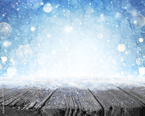 Snowy Plank With Wintery Forest Background