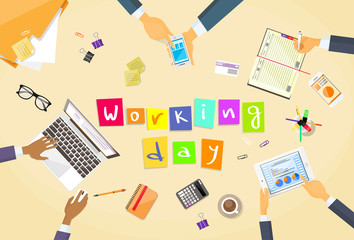 Poster - business people hands desk workplace team working day concept