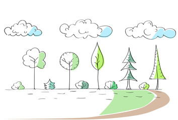 Poster - Green Trees Hand Draw Park Simple Line