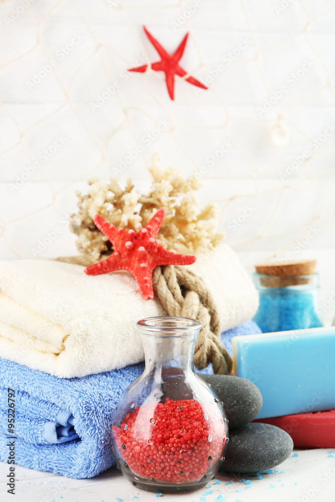 Spa treatments on light background. Sea spa concept
