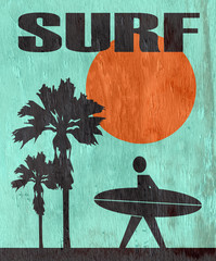 surf sign with wood grain texture