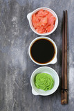 Fototapeta  - Japanese wasabi sauce, soy sauce and pickled ginger