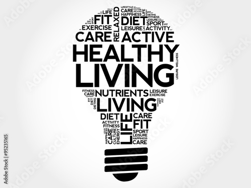 Naklejka - mata magnetyczna na lodówkę Healthy Living bulb word cloud, health concept