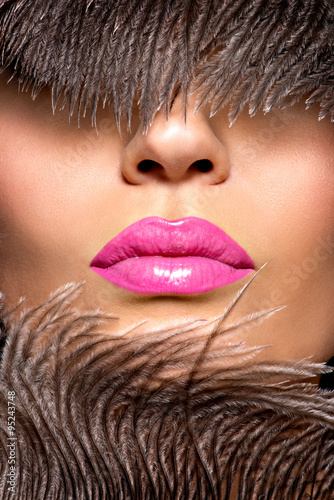 Obraz w ramie Closeup Beautiful female lips with pink lipstick