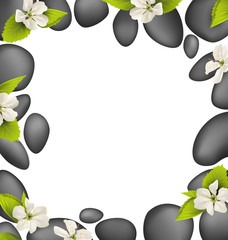 Spa stones with cherry white flowers like frame isolated on whit