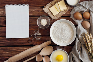 Poster - Kitchen notebook with blank pages with ingredients for baking