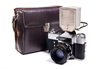 Retro camera with flash isolated on white on the white backgroun