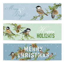 Christmas Banners, Labels, Tags - Vintage Winter Birds