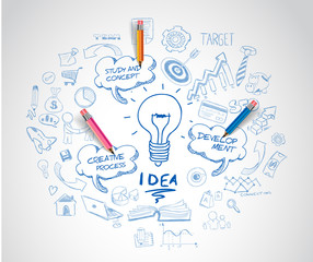 Wall Mural - idea concept with light bulb and doodle sketches infographic