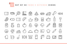 Set Of 50 Food And Kitchen Icons, Thin Line Style