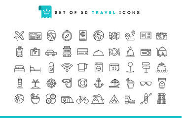 set of 50 travel icons, thin line style