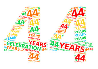 Colorful word cloud for celebrating a 44 year birthday or anniversary