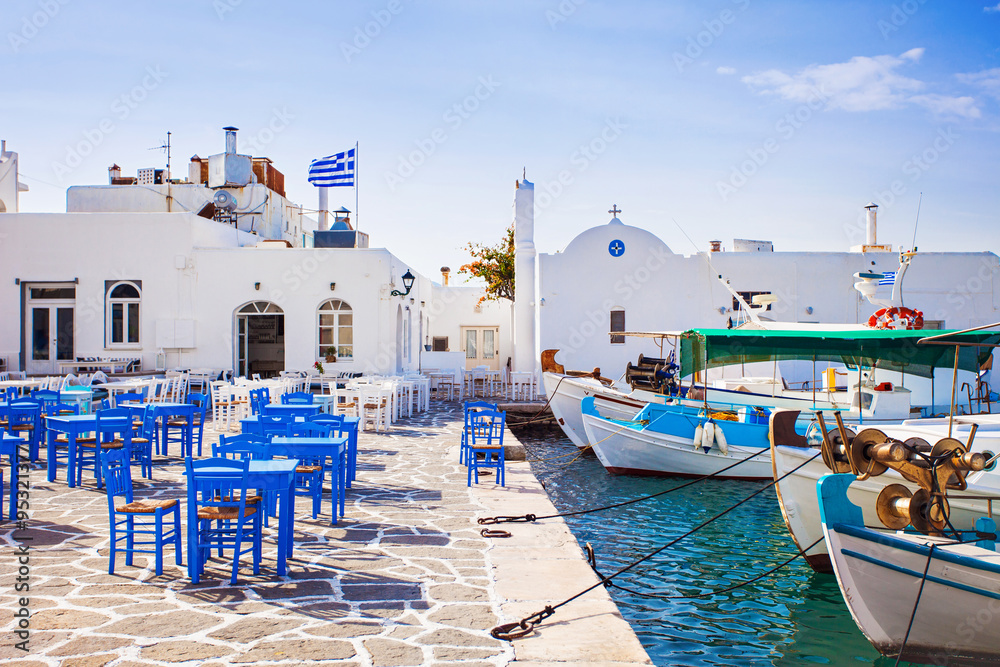 Greek fishing village in Paros, Naousa, Greece - obrazy, fototapety, plakaty 