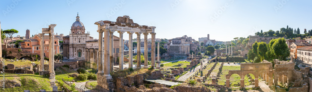Forum Romanum view from the Capitoline Hill in Italy, Rome. Pano - obrazy, fototapety, plakaty 
