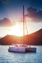 Beautiful View To Catamaran In Seychelles Bay At Sunset