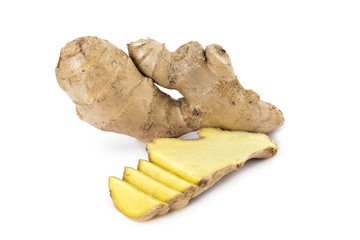 Fresh sliced ginger on white background