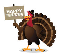Cartoon Turkey Holding Happy Thanksgiving Sign. EPS 10 Vector, Grouped For Easy Editing.