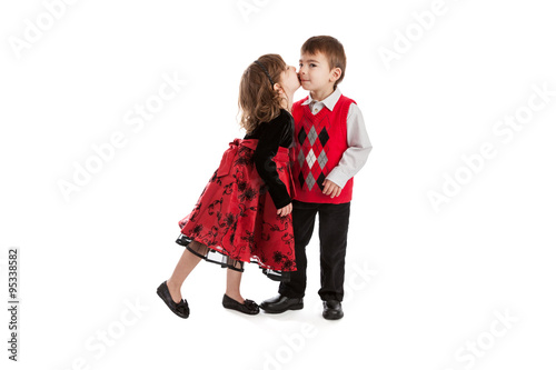 Fotografia, Obraz 3 year old fraternal boy and girl twins kissing isolated on white