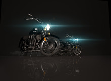 Two Old Vintage Motorcycles On Black Background.