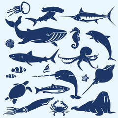 Wall Mural - sealife, sea and ocean animals and fish silhouettes collection