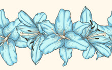 Seamless Horizontal Frame Element Of Blue Lilies Flowers . Hand-drawn Contour Lines And Strokes.