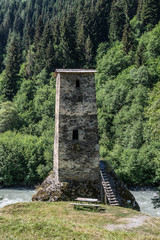 Canvas Print - So called Tower of Love seen from road to villages community called Ushguli in Upper Svanetia region, Georgia