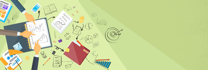 Poster - business people working finance graph sketch desk