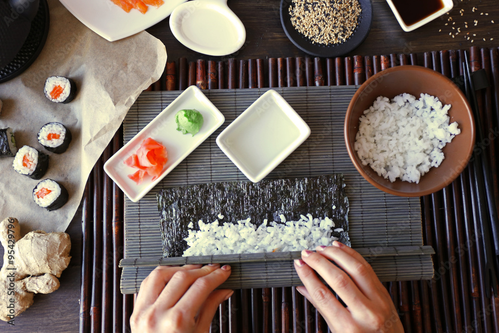 The process of making sushi and rolls, top view