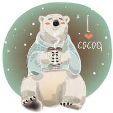 Cartoon White Bear With Cup Of Hot Drink