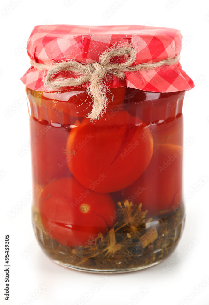 Jar of canned tomatoes isolated on white