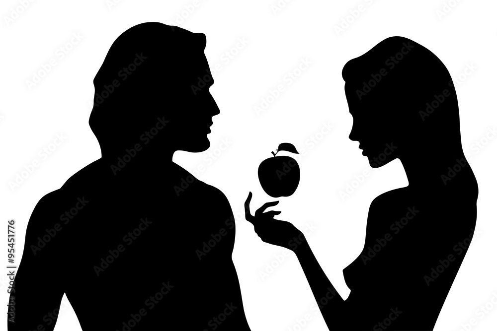 Vector silhouette of beautiful man and woman in profile. Adam and Eve ...