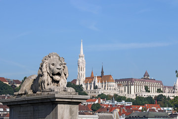 Wall Mural - Lion statue and Fisherman bastion Budapest